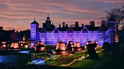 The Parterre illuminated at night for the Garden of Lights Christmas Event at Blickling Estate, Norfolk